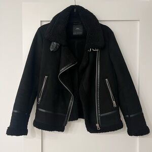 Zara Black Leather Jacket with Shearling Trim